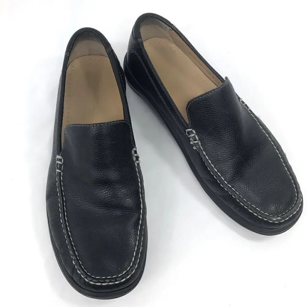 Cole Haan Black Leather Exposed Stitch Classic Slip On Driving Loafers